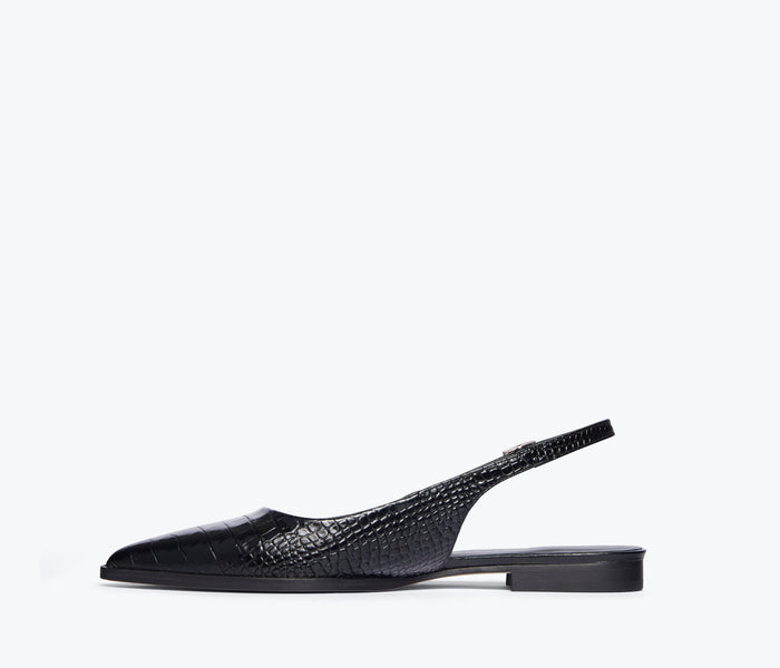 Black FREDA SALVADOR Marie slingback point flat shoe with inside view showing sleek design and pointed toe.