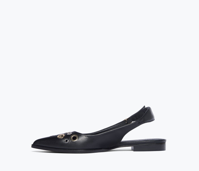 Black FREDA SALVADOR Marie slingback flat with grommet details, showcasing the stylish pointed toe and comfortable slip-on design.
