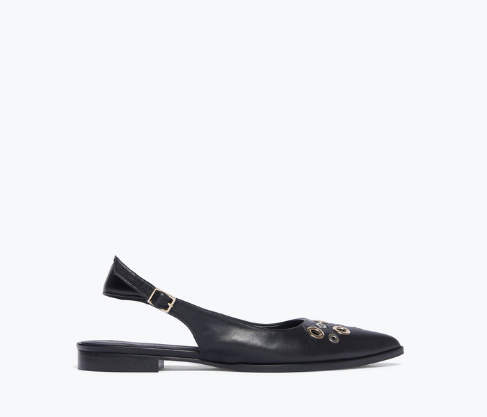Black FREDA SALVADOR Marie slingback point flat shoes with grommet details, shown from the front.