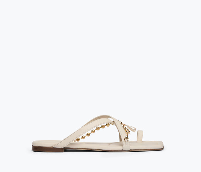 Freda Salvador Marilyn Sandal in macadamia color with gold chain detail, open-toe design, showcasing stylish summer footwear.