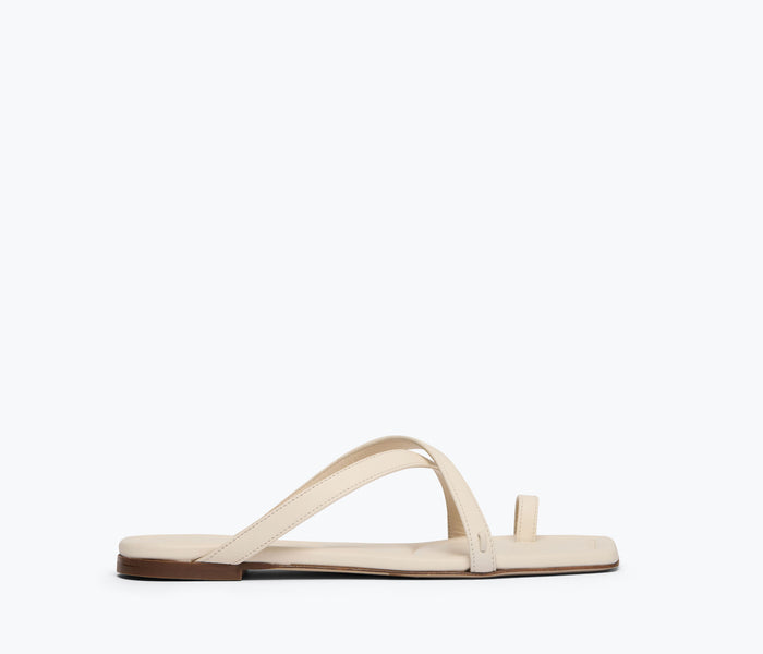 Freda Salvador Marilyn sandal in macadamia color, front view showing stylish straps and open toe design.