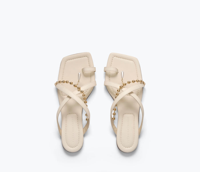 Freda Salvador Marilyn Sandal with gold chain top and macadamia-colored straps, stylish open-toe footwear.