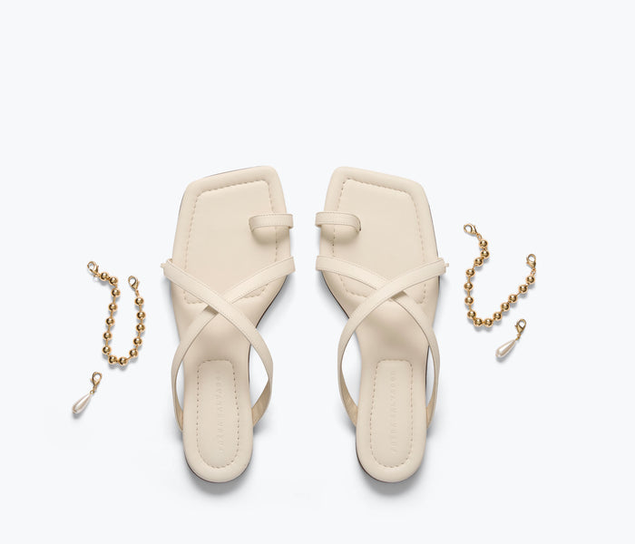 Freda Salvador Marilyn sandal with gold chain top and macadamia-colored straps, stylish women’s footwear.