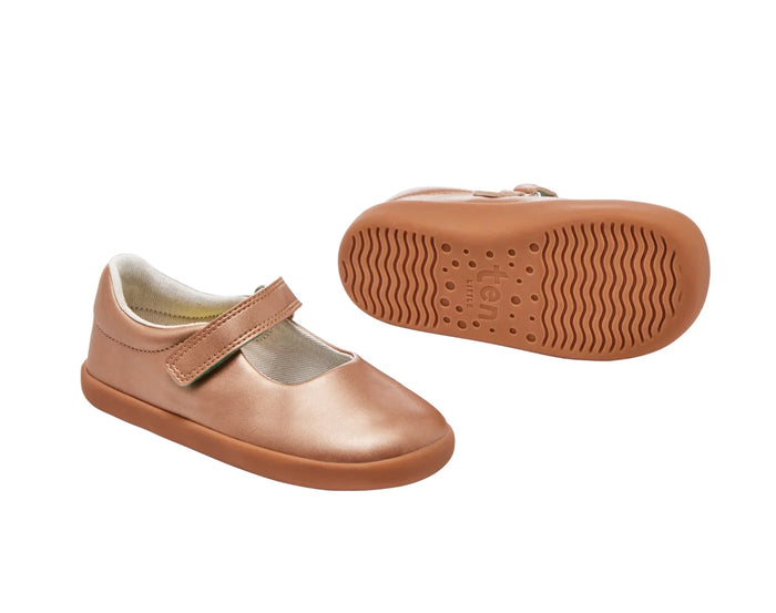 Front and bottom of shoe view of Ten Little Mary Janes - Rose Gold. Available at www.tenlittle.com