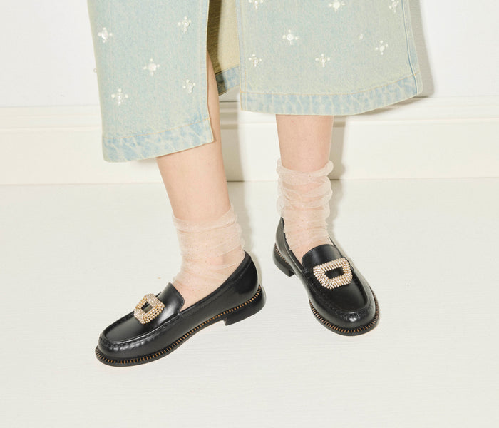 FREDA SALVADOR Mateo Crystal Penny Loafer in black calf leather with crystal embellishments, classic slip-on shoe for women