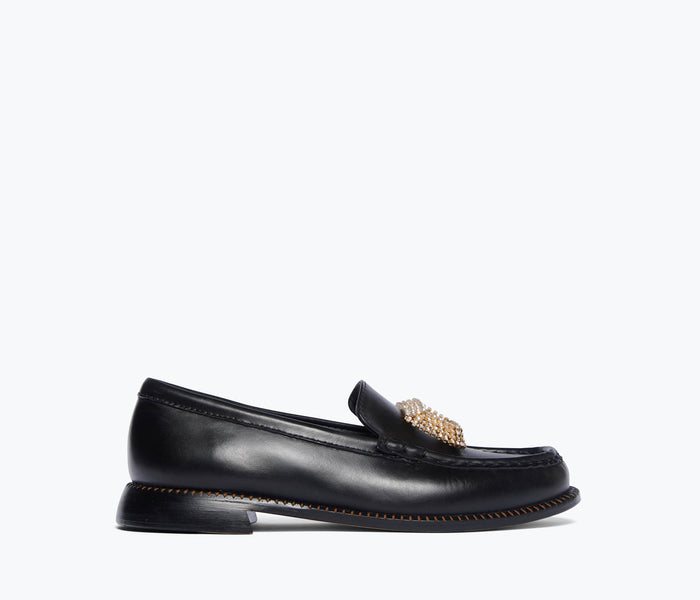 FREDA SALVADOR Mateo Crystal Penny Loafer in black with crystal embellishments, showcasing the front view of the stylish loafer.