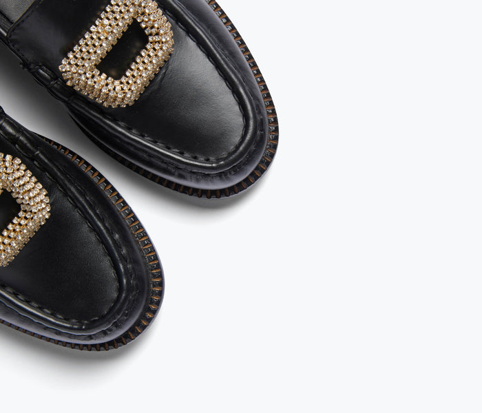Freda Salvador Mateo Crystal Penny Loafer in black leather with crystal embellishments, stylish slip-on dress shoe for women.