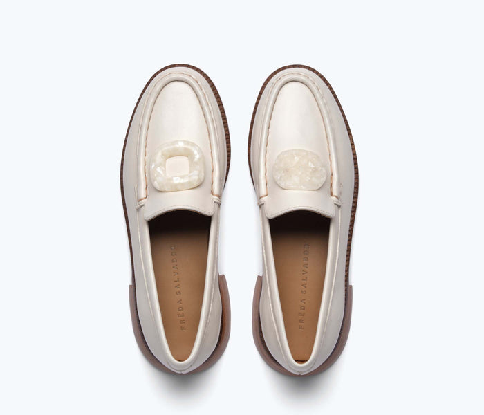 Freda Salvador Mateo resin penny loafer in bone calf leather, featuring a classic slip-on design with a smooth finish.