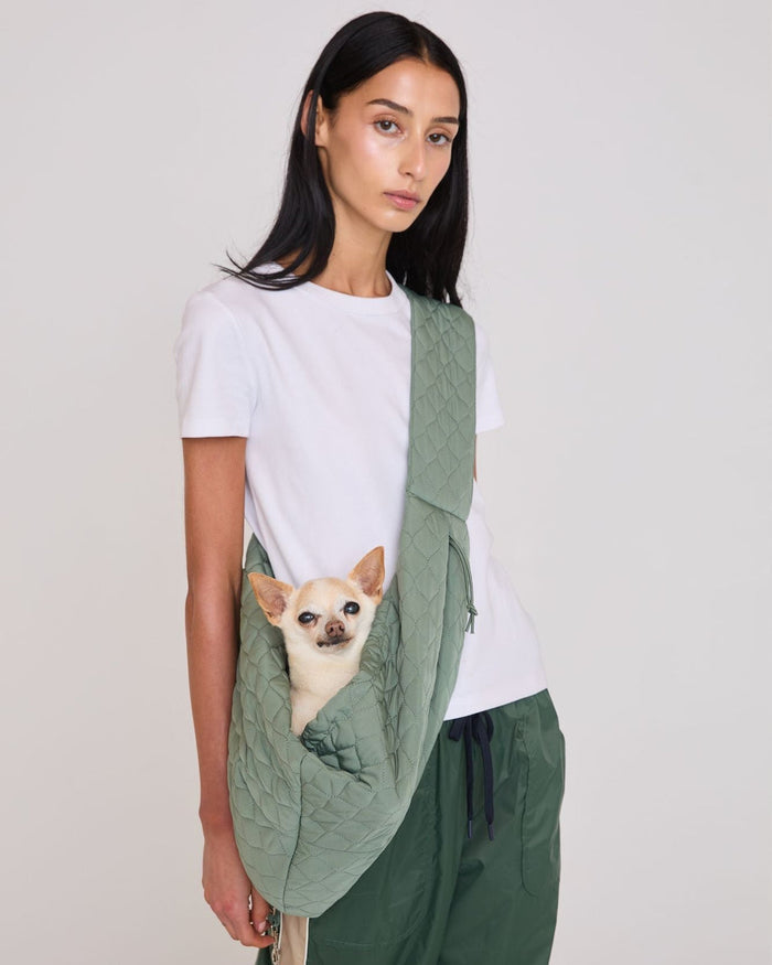 Maxbone Eco Packable Sling in Sage, eco-friendly recycled nylon dog carrier designed for small dogs up to 10 pounds