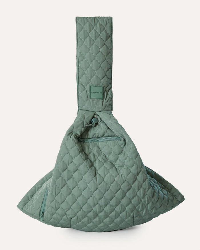 Sage eco-friendly dog sling carrier made from recycled nylon with secure drawstrings and safety latch for small dogs up to 10 pounds