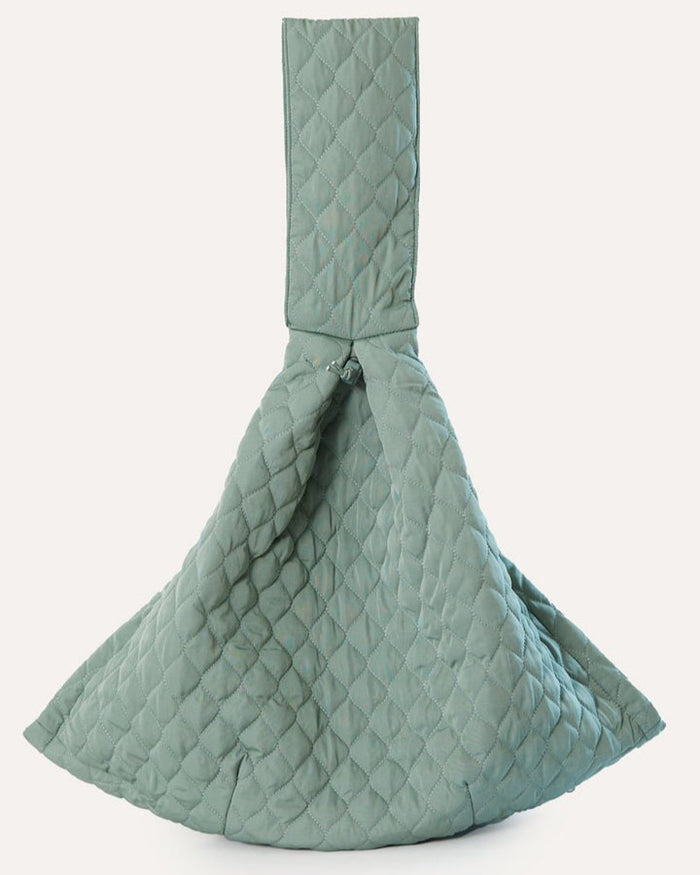 Recycled nylon sage dog carrier sling that packs into a convenient pouch and is designed for small dogs up to 10 pounds