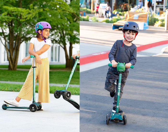 Girl and Boy Playing with Micro Kickboard Maxi Deluxe Eco Scooter - Green and Mint - Available at www.tenlittle.com