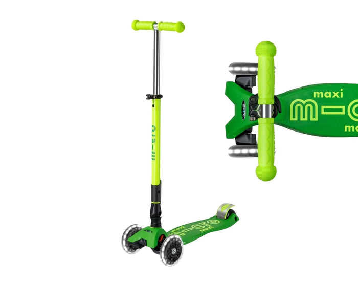 Front and top view of Micro Kickboard Maxi Deluxe Foldable LED Scooter - Neon Parrot Green. Available at www.tenlittle.com