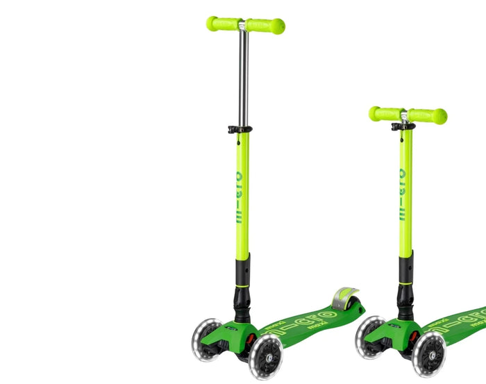 Side by side of Micro Kickboard Maxi Deluxe Foldable LED Scooter - Neon Parrot Green. Available at www.tenlittle.com