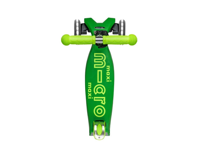 Top view of Micro Kickboard Maxi Deluxe Foldable LED Scooter - Neon Parrot Green. Available at www.tenlittle.com