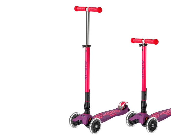 Side by side of Micro Kickboard Maxi Deluxe Foldable LED Scooter - Neon Ultra Pink. Available at www.tenlittle.com