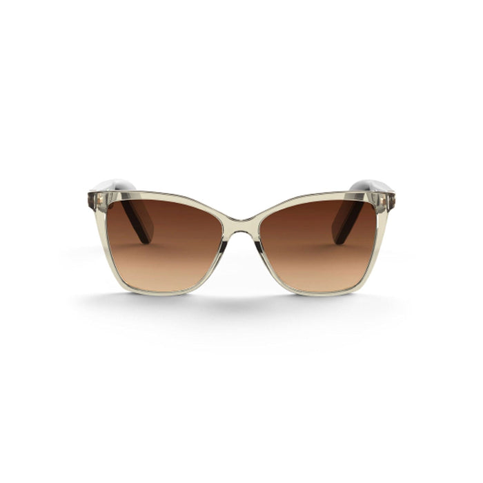 Lucyd’s Millennia sunglasses feature clear frames and brown gradient polarized lenses, shown from the front on a plain white background—a stylish choice for women.