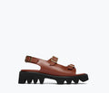 Freda Salvador Mindy Lug Sole Sandal in chocolate calf leather, front view showing chunky lug sole and sleek strap design.
