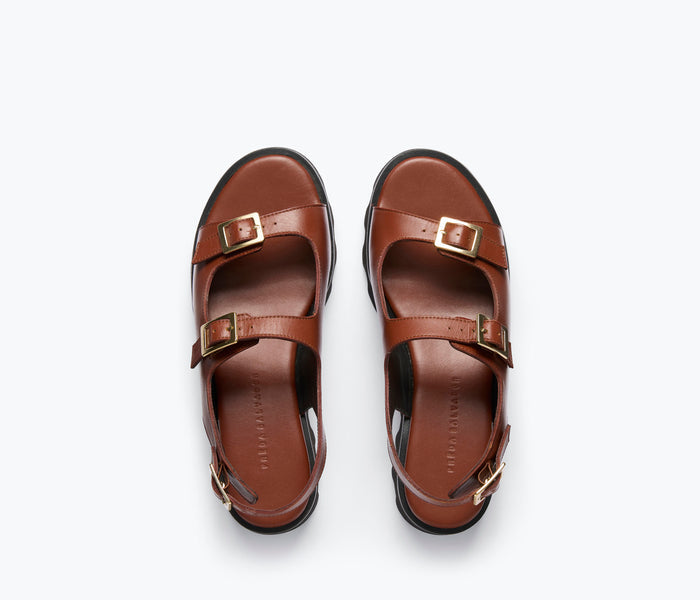 Freda Salvador Mindy Lug Sole Sandal in chocolate with calf leather straps and chunky lug sole, viewed from top angle.