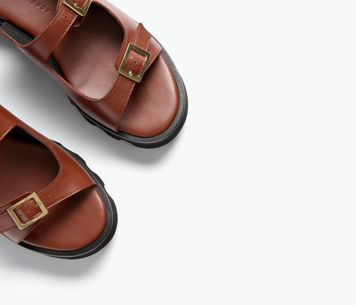 Freda Salvador Mindy Lug Sole Sandal in chocolate brown with calf leather straps and chunky lug sole profile.