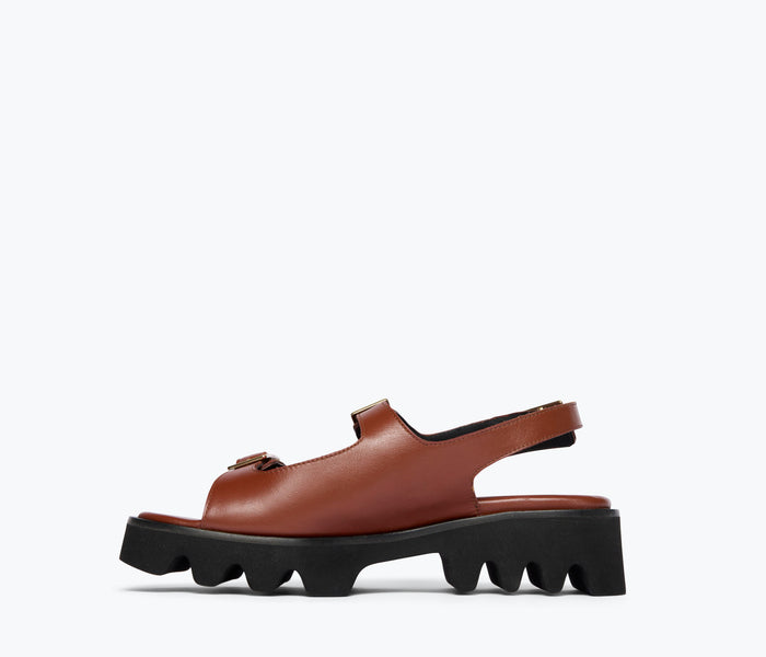 Freda Salvador Mindy Lug Sole Sandal in chocolate calf leather, showing inside view with stylish lug sole design.