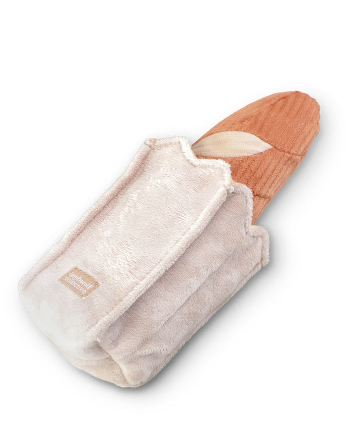 Soft mini bread dog toy designed for playful fetch and tug, lightweight for easy use, great for dachshunds, cavapoos, and beagles