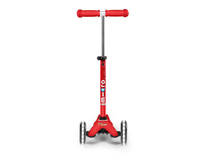 Front view of Micro Kickboard Mini Deluxe LED Scooter - Red. Available at www.tenlittle.com