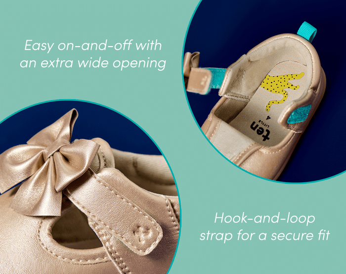 Split view close-up of hook-and-loop strap for a secure fit and extra wide opening for easy on-and-off - Ten Little Mini Mary Janes - Champagne Gold. Available at www.tenlittle.com