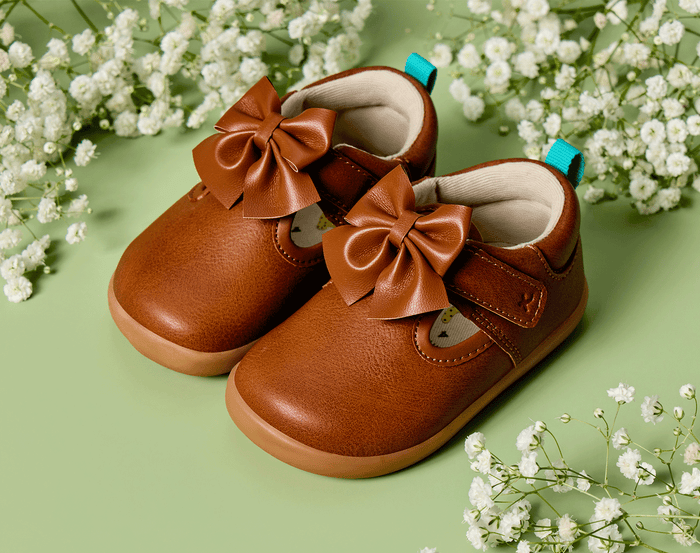 Top and side view of Ten Little Mini Mary Janes - Caramel Brown. Available at www.tenlittle.com