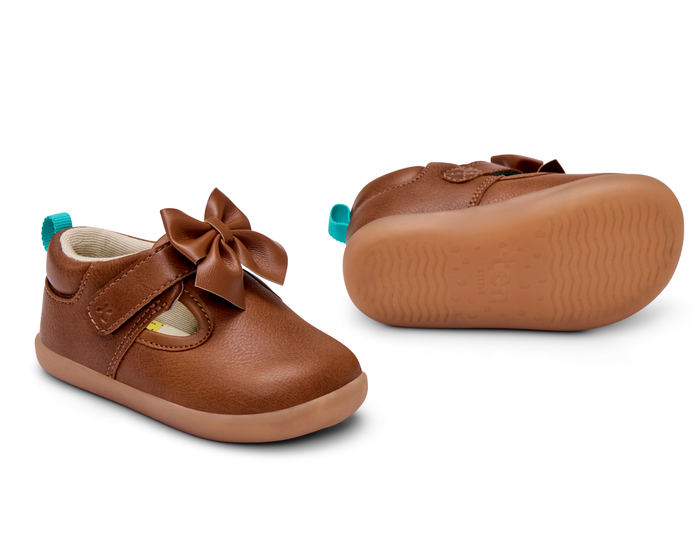 Side, front, and bottom outsole traction view of Ten Little Mini Mary Janes - Caramel Brown. Available at www.tenlittle.com