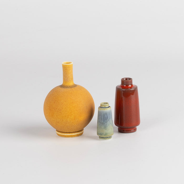 Miniature Hand Thrown Ceramic Vase Trio in Dark Yellow, Bluish Gray and Reddish Brown are three tiny and hand thrown ceramic vases hand thrown by Japanese born, UK based potter Yuta Segawa.