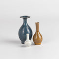 Miniature Hand Thrown Ceramic Vase Trio in Spotted Blue, Brown and Moonstone White are three tiny and hand thrown ceramic vases hand thrown by Japanese born, UK based potter Yuta Segawa