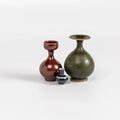 Miniature Hand Thrown Ceramic Vase Trio "J" in Green, Brown and Gray by Yuta Segawa on white.