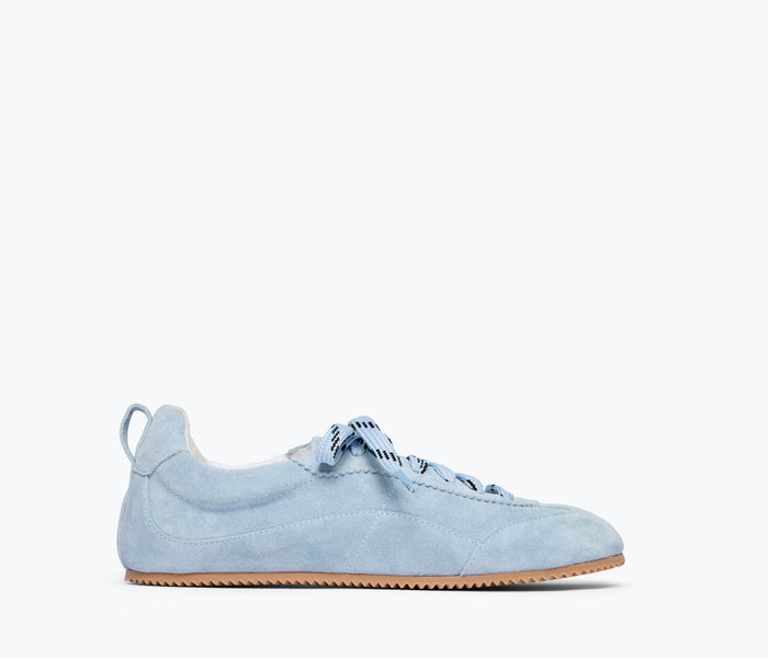 Sky blue Freda Salvador Minnie Ballet Sneaker with rounded toe and casual design, front view showing laces and smooth leather material.