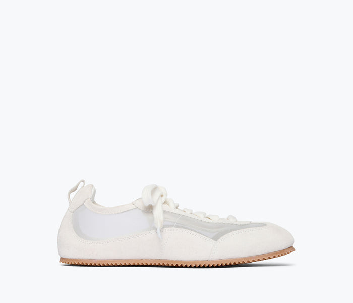 Freda Salvador Minnie ballet sneaker in ivory suede with front view, showcasing sleek ballet-inspired design and soft material.