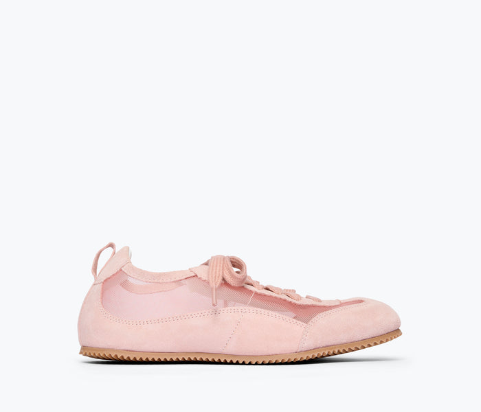 Fredas Salvador Minnie Ballet Sneaker in rose suede with front view showing sleek design and delicate bow detail.