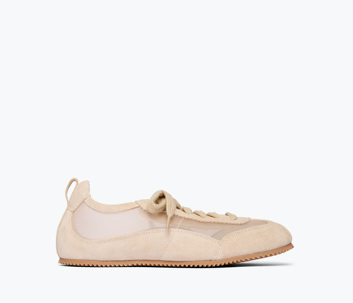 Fredsa Salvador Minnie ballet sneaker in beige suede, front view showcasing rounded toe and sleek ballet-inspired design.