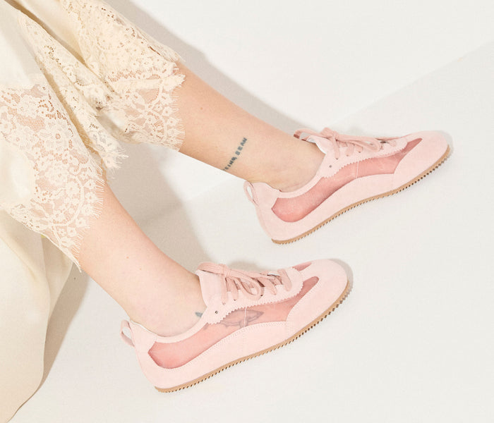 Fred Salvadore Minnie Rose suede ballet sneaker with pink accents, featuring a classic slip-on design and comfortable sole.