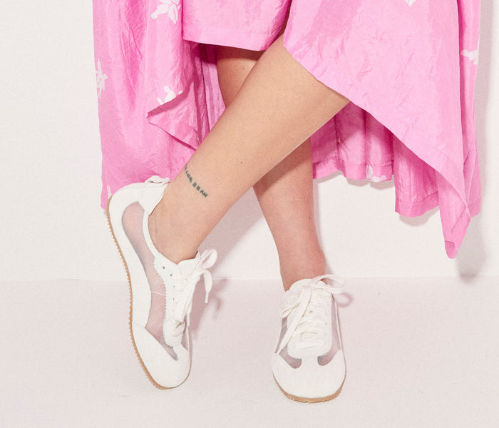 Fred Salvador Minnie ballet sneaker in ivory suede with pink accents, featuring a sleek, comfortable design for casual wear.