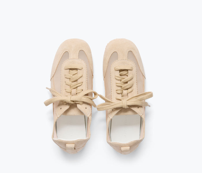 Fredsa Salvador Minnie ballet sneaker in tan suede with rounded toe and white rubber sole, stylish and comfortable footwear.