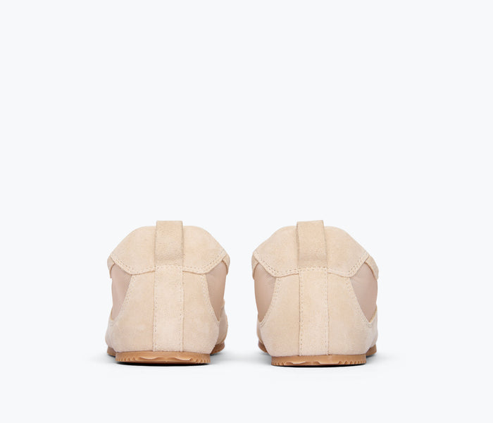 Fredsa Salvador Minnie ballet sneaker in beige suede, featuring a classic ballet flat design with a comfortable sneaker sole.