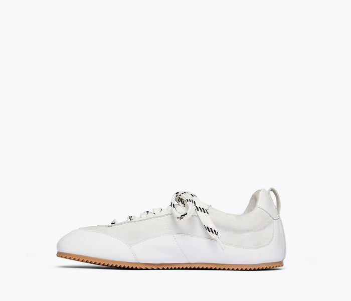 Freda Salvador Minnie ballet sneaker in milk calf leather, featuring a classic ballet flat silhouette and inside view.