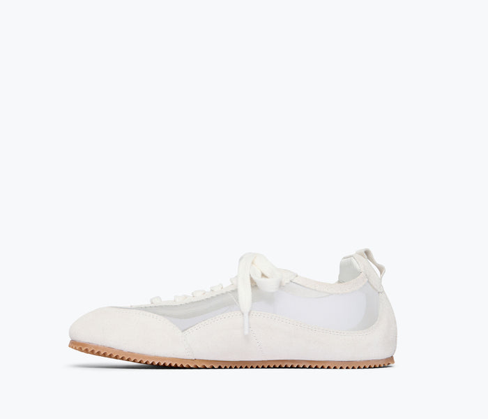 Ivory suede Minnie ballet sneaker by Freda Salvador with a comfortable inside view and stylish ballet-inspired design.