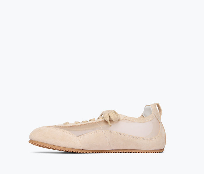 Fredas Salvador Minnie ballet sneaker in tan suede, featuring a sleek design and comfortable inside view.