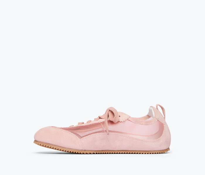Freda Salvador Minnie ballet sneaker with rose suede exterior and inside view showing soft lining and stylish design.