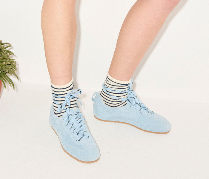 Sky blue Minnie ballet sneaker by Freda Salvador shown from the side, featuring a sleek, stylish design perfect for casual wear.