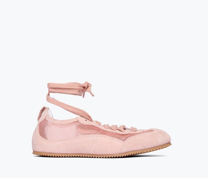 Fredas Salvador Minnie Rose suede ballet sneaker shown from the front, featuring a sleek design and soft pink color.