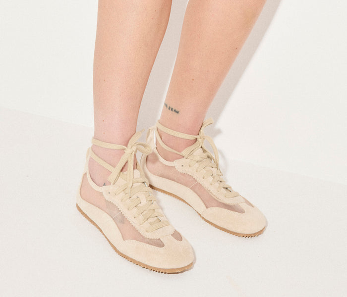 Fredrick Salvador Minnie ballet sneaker in tan suede, showcasing a stylish and comfortable ballet flat-inspired sneaker design.