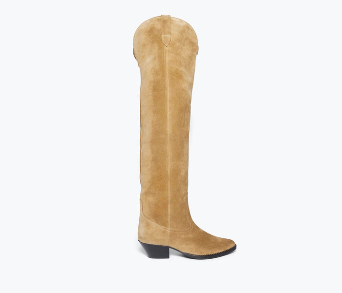 Freda Salvador Molly Western knee-high boot in hazel leather, featuring classic Western stitching and pointed toe design.