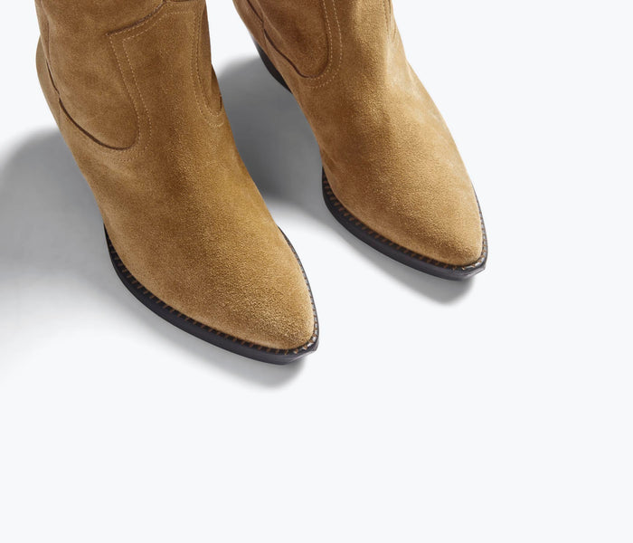 Freda Salvador Molly Western knee-high boot in hazel leather with detailed stitching and vintage-inspired design.